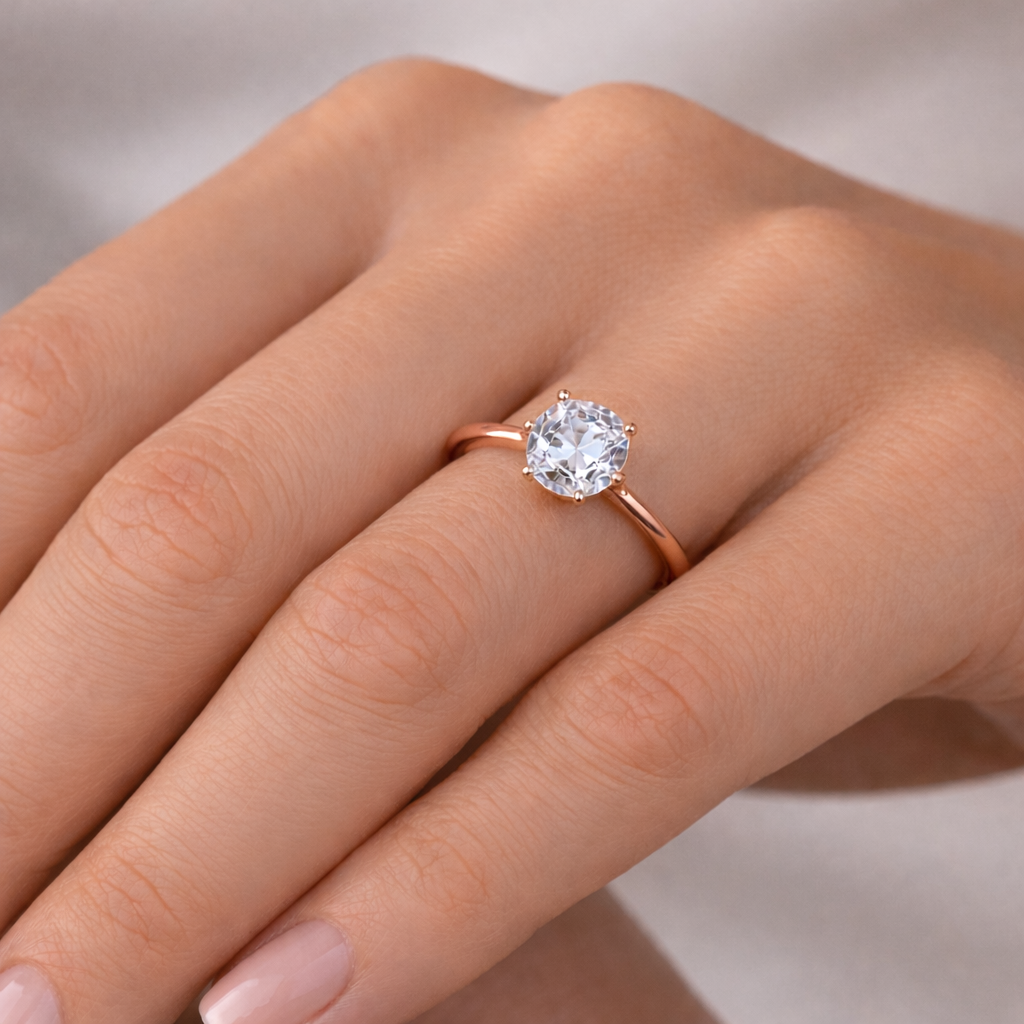 Solitaire Cushion Diamond Ring worn on hand in 18K Rose Gold