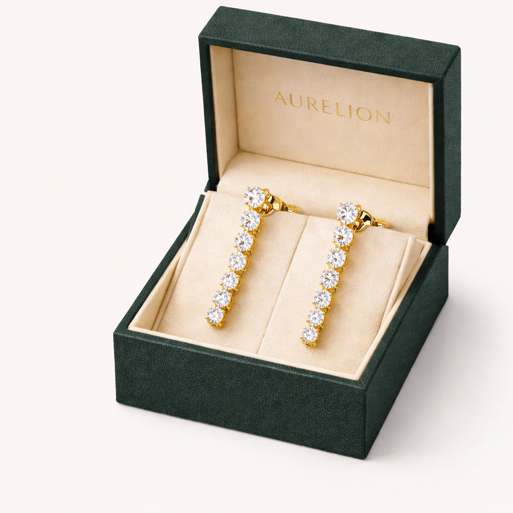Diamond Vine Drop Earrings presented in Aurelion Diamonds jewelry box in 18K Yellow Gold