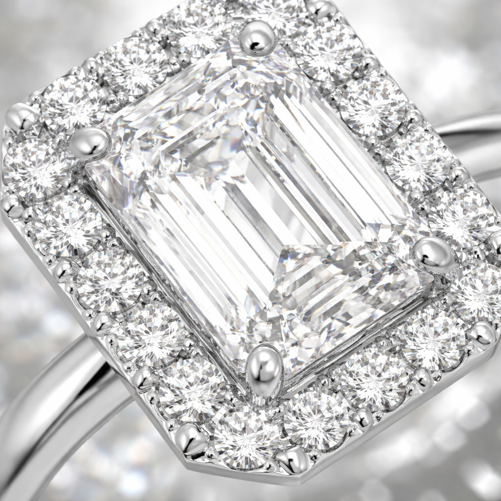 Close-up of Emerald Halo Radiance in 18K Rose Gold
