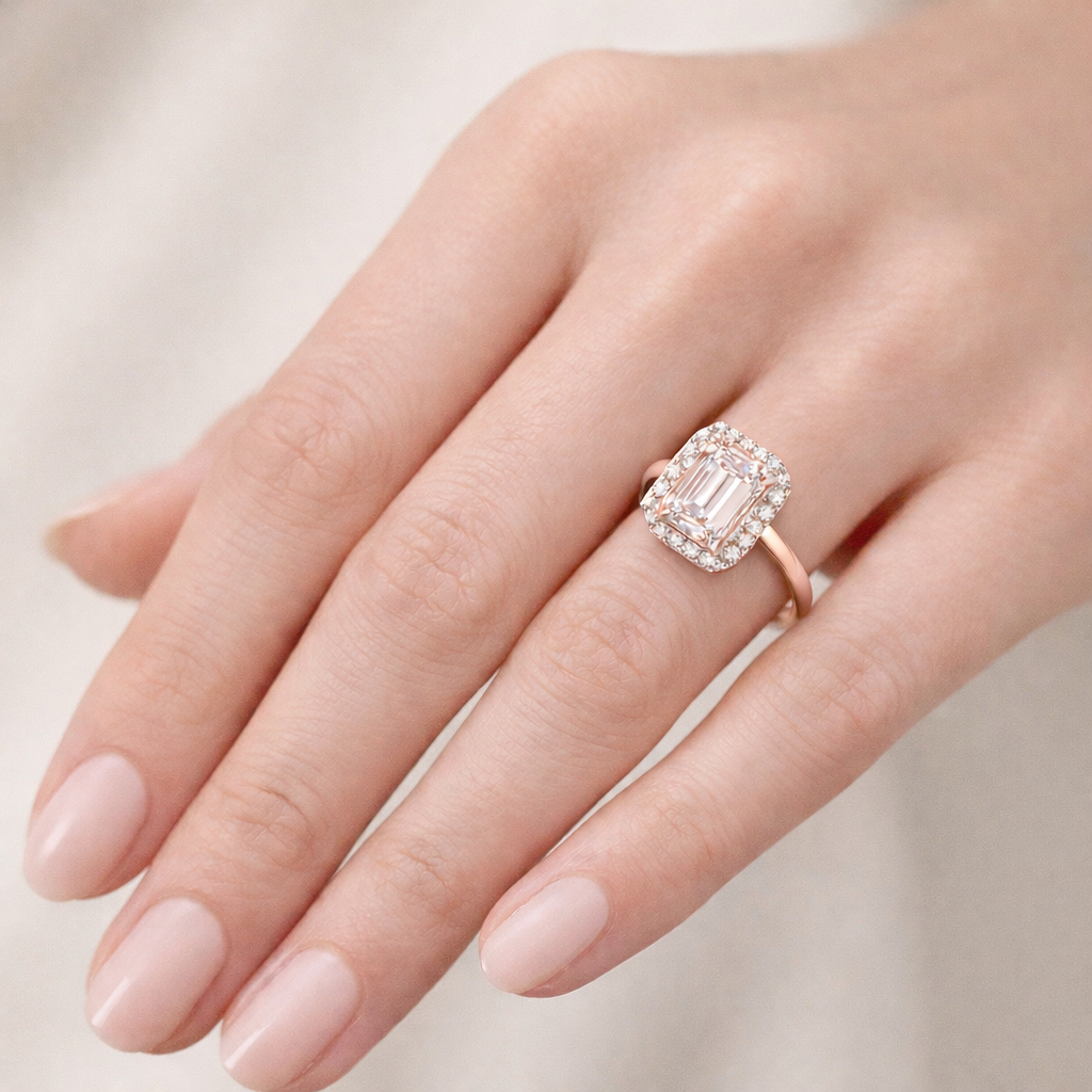 Emerald Halo Radiance worn on hand in 18K Rose Gold