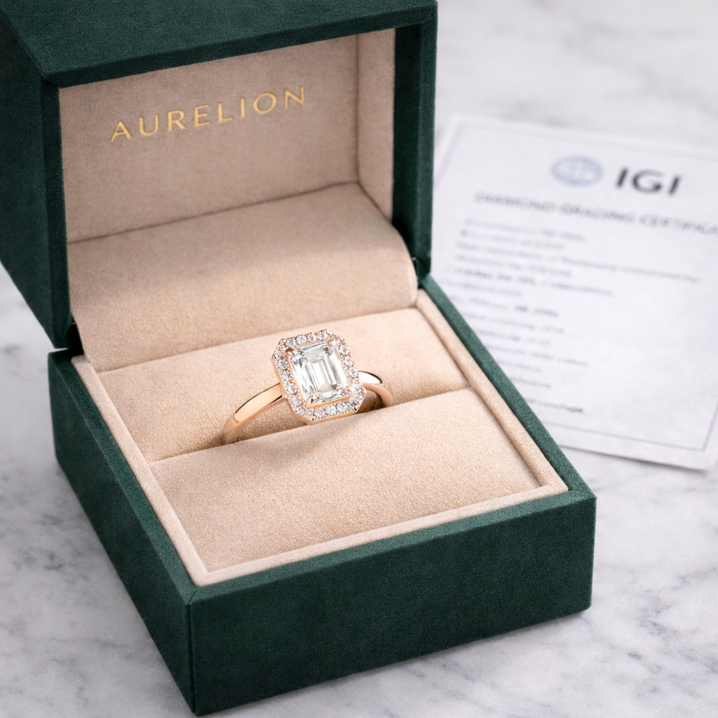Emerald Halo Radiance presented in Aurelion Diamonds ring box in 18K Rose Gold