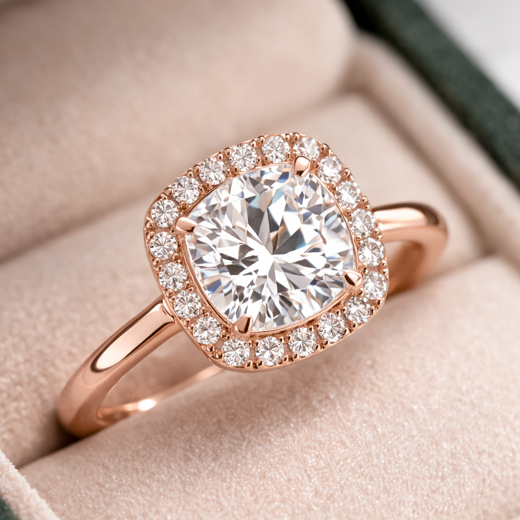 Close-up of Cushion Halo Grace in 18K Rose Gold