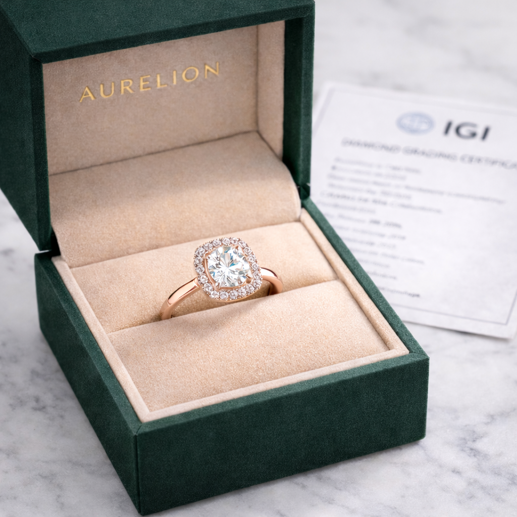 Cushion Halo Grace presented in Aurelion Diamonds ring box in 18K Rose Gold