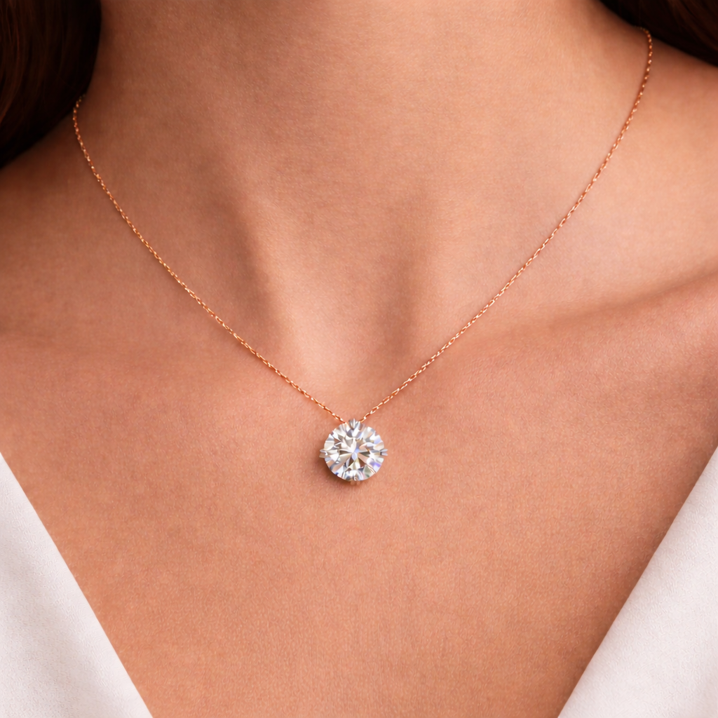 Solitaire Round Cut Diamond Pendant worn on neck in 18K Rose Gold