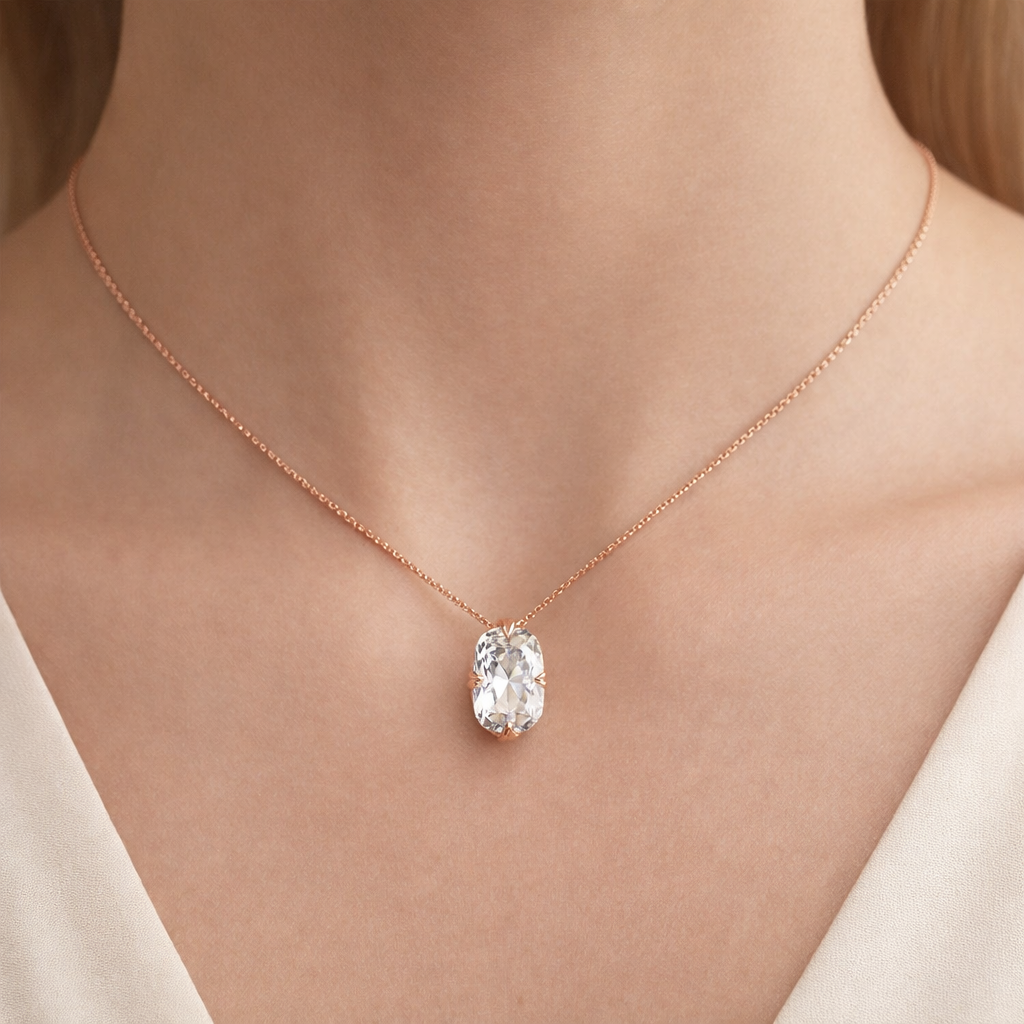 Solitaire Elongated Cushion Cut Diamond Pendant worn on neck in 18K Rose Gold
