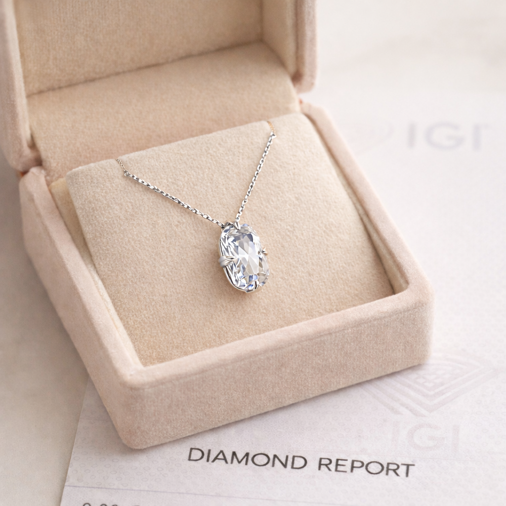 Solitaire Elongated Cushion Cut Diamond Pendant presented in Aurelion Diamonds jewelry box in 18K Rose Gold