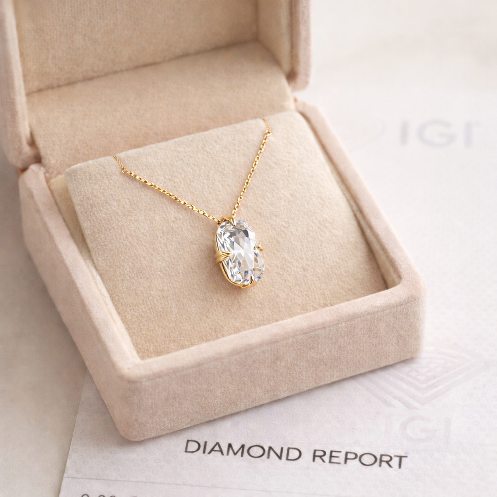 Solitaire Elongated Cushion Cut Diamond Pendant presented in Aurelion Diamonds jewelry box in 18K Yellow Gold