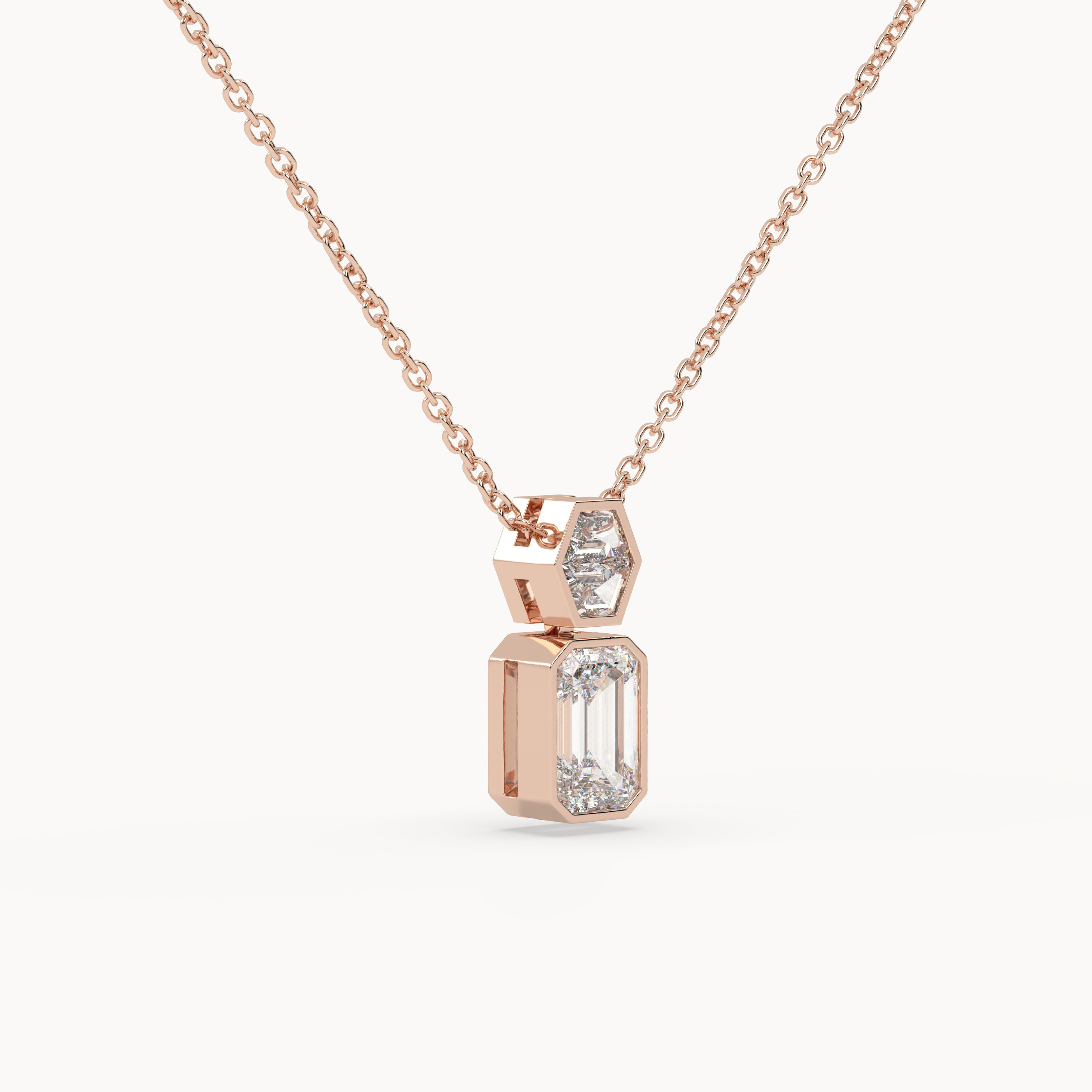angled view of Emerald Drop Diamond Pendant – 2.2 ct in 18K Rose Gold
