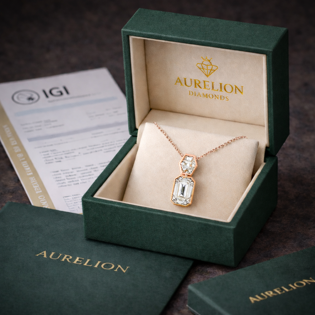 Emerald Drop Diamond Pendant – 2.2 ct presented in Aurelion Diamonds jewelry box in 18K Rose Gold