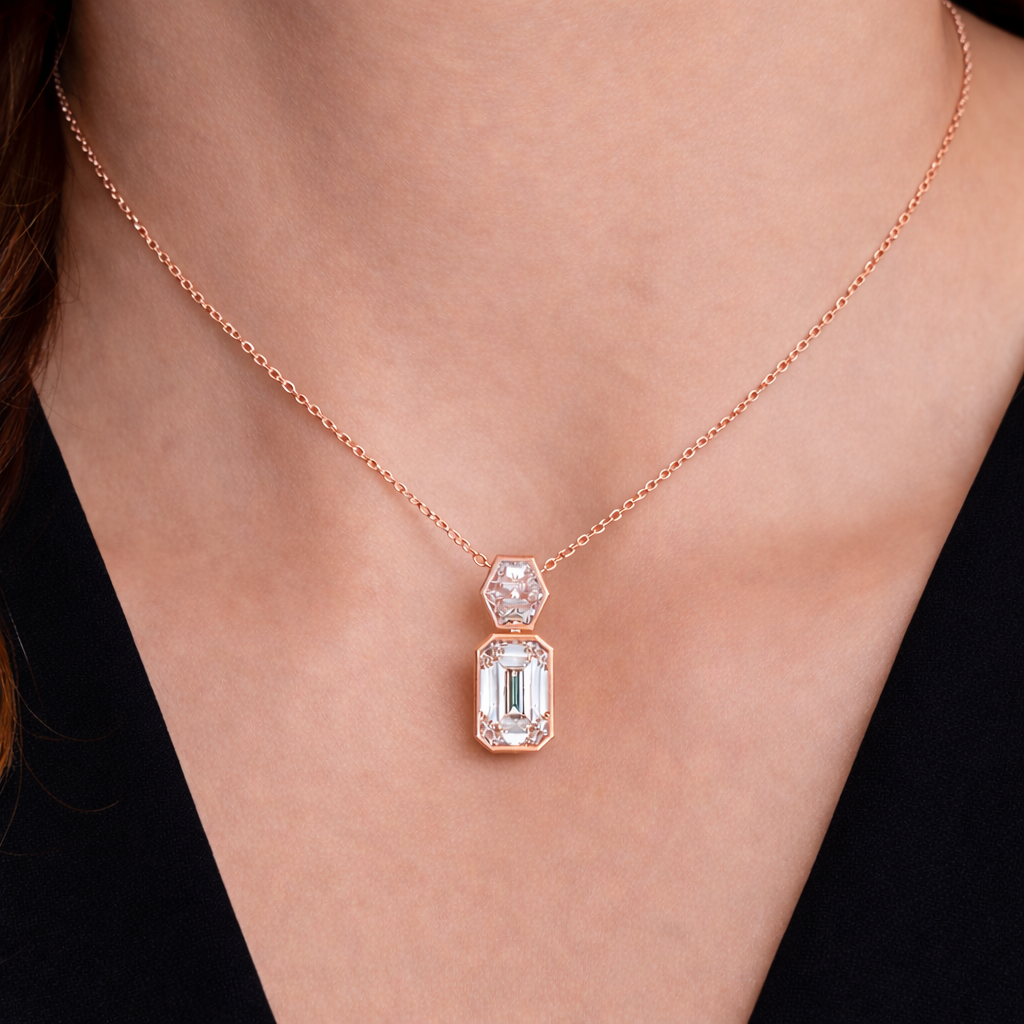Emerald Drop Diamond Pendant – 2.2 ct worn on neck in 18K Rose Gold