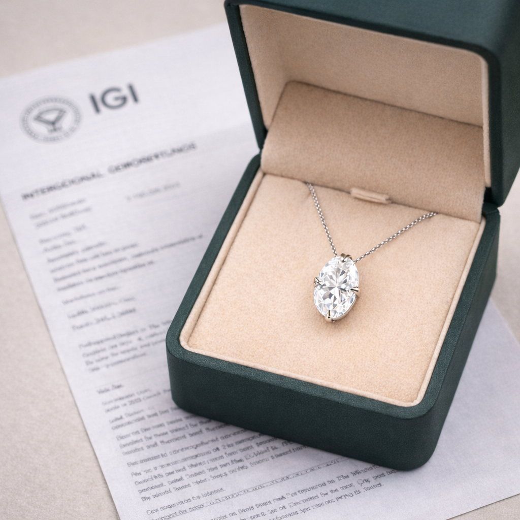 Solitaire Oval Cut Diamond Pendant presented in Aurelion Diamonds jewelry box in 18K Rose Gold
