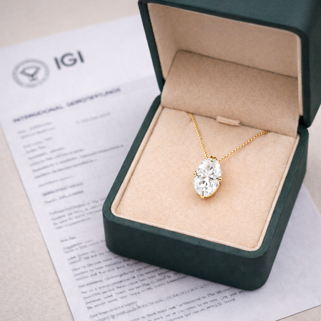 Solitaire Oval Cut Diamond Pendant presented in Aurelion Diamonds jewelry box in 18K Yellow Gold