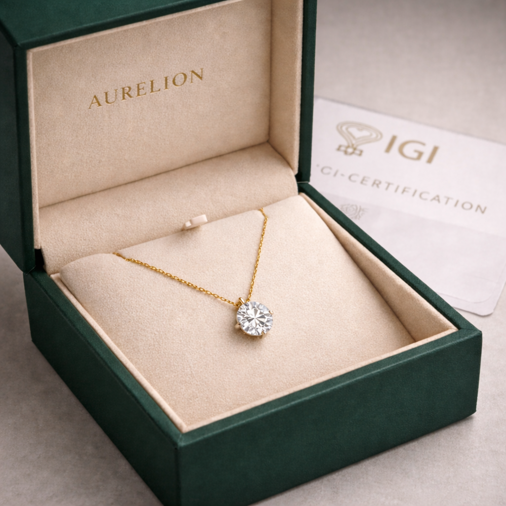 Solitaire Round Cut Diamond Pendant presented in Aurelion Diamonds jewelry box in 18K Yellow Gold