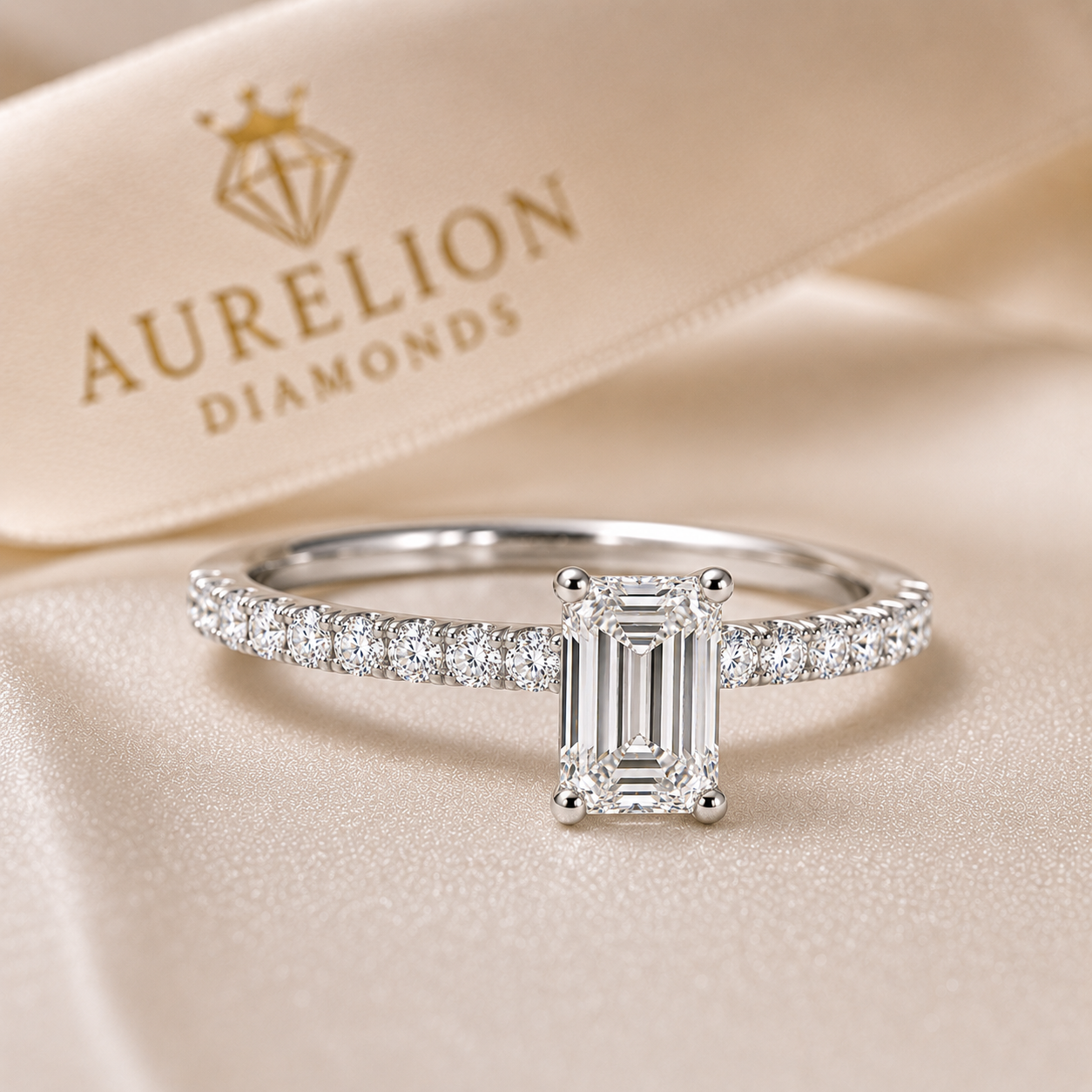 Close-up of Emerald Pavé Solitaire Diamond Engagement Ring