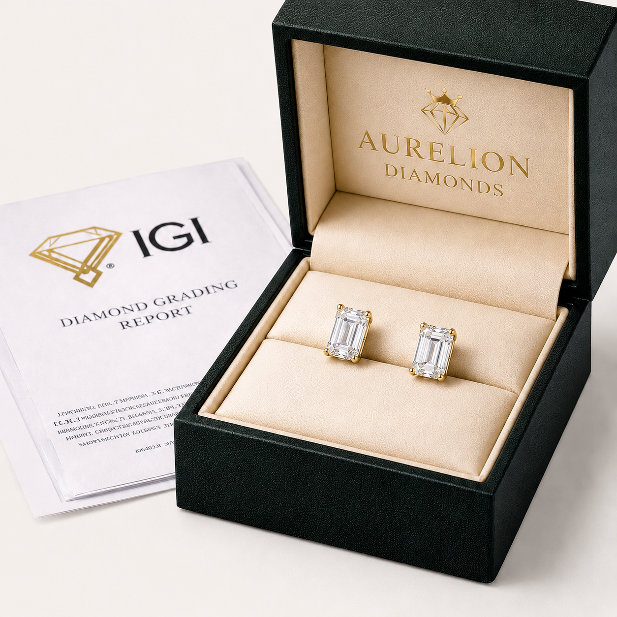 Emerald Cut Diamond Stud Earrings presented in Aurelion Diamonds jewelry box in 18K Yellow Gold