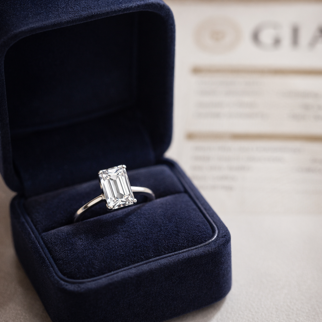 Solitaire Emerald Cut Diamond Ring presented in Aurelion Diamonds ring box in 18K White Gold