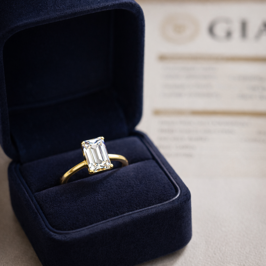 Solitaire Emerald Cut Diamond Ring presented in Aurelion Diamonds ring box in 18K Yellow Gold
