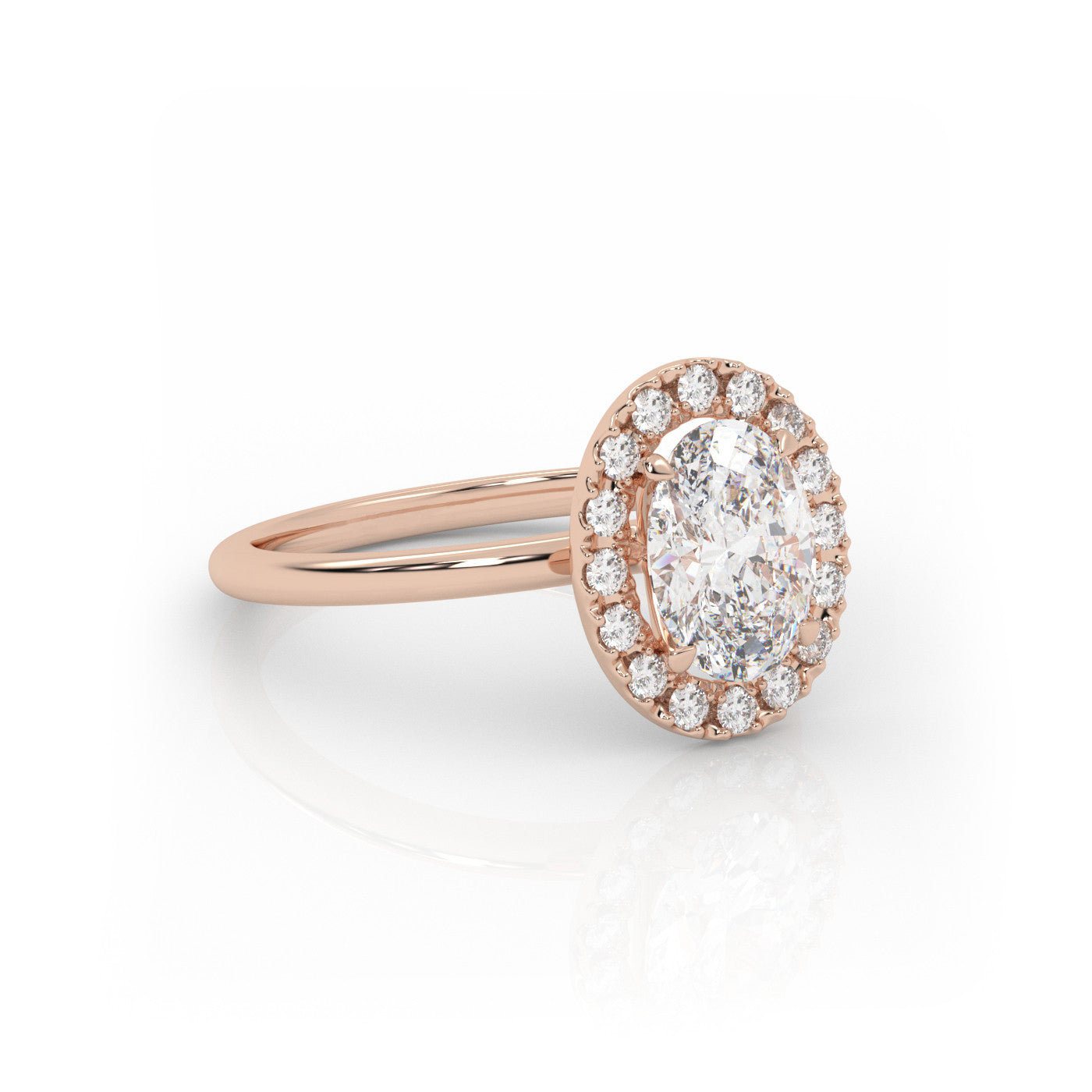 angled view of Oval Halo Radiance in 18K Rose Gold