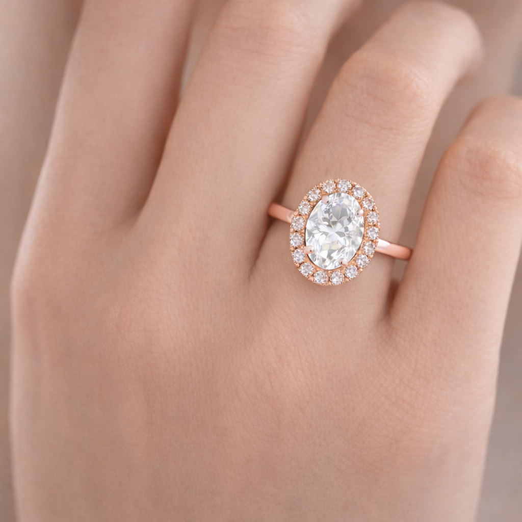 Oval Halo Radiance worn on hand in 18K Rose Gold
