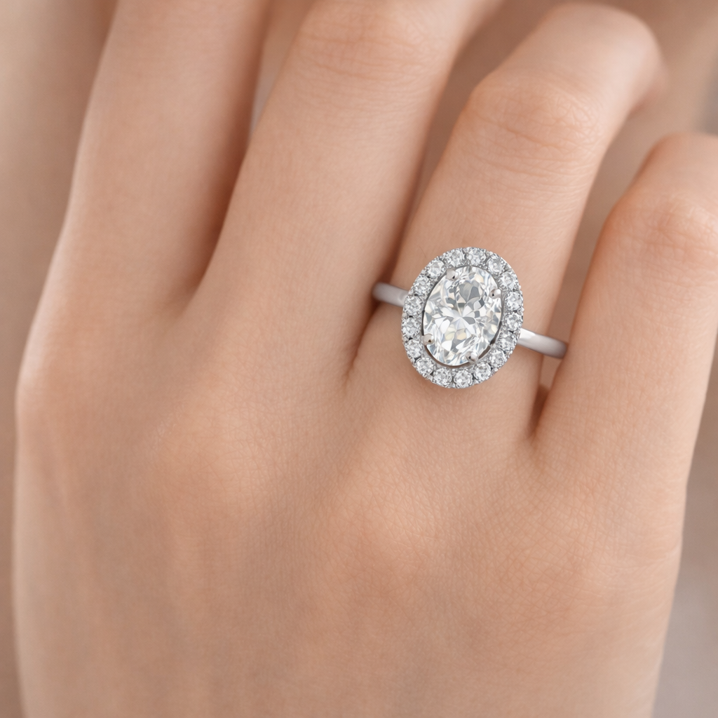 Oval Halo Radiance worn on hand in 18K Yellow Gold