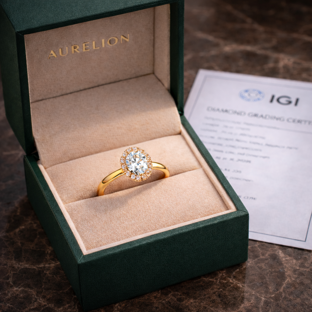 Oval Halo Radiance presented in Aurelion Diamonds ring box in 18K Yellow Gold