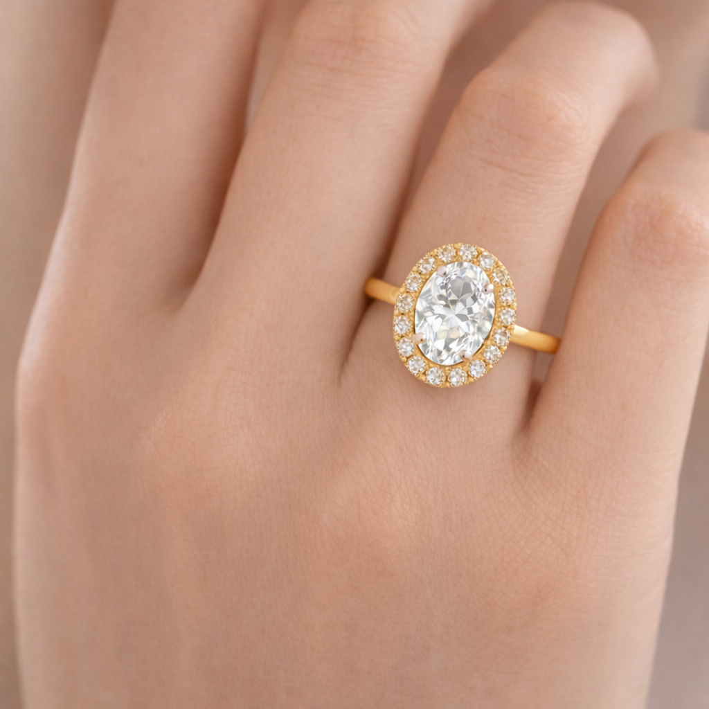 Oval Halo Radiance worn on hand in 18K Yellow Gold