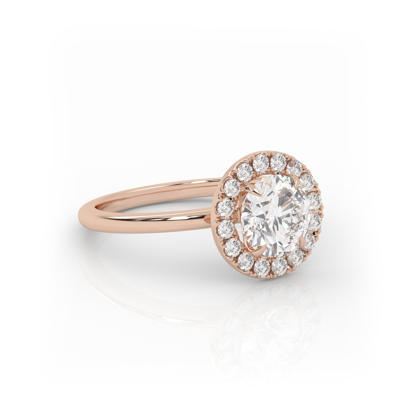 angled view of Round Halo Radiance in 18K Rose Gold