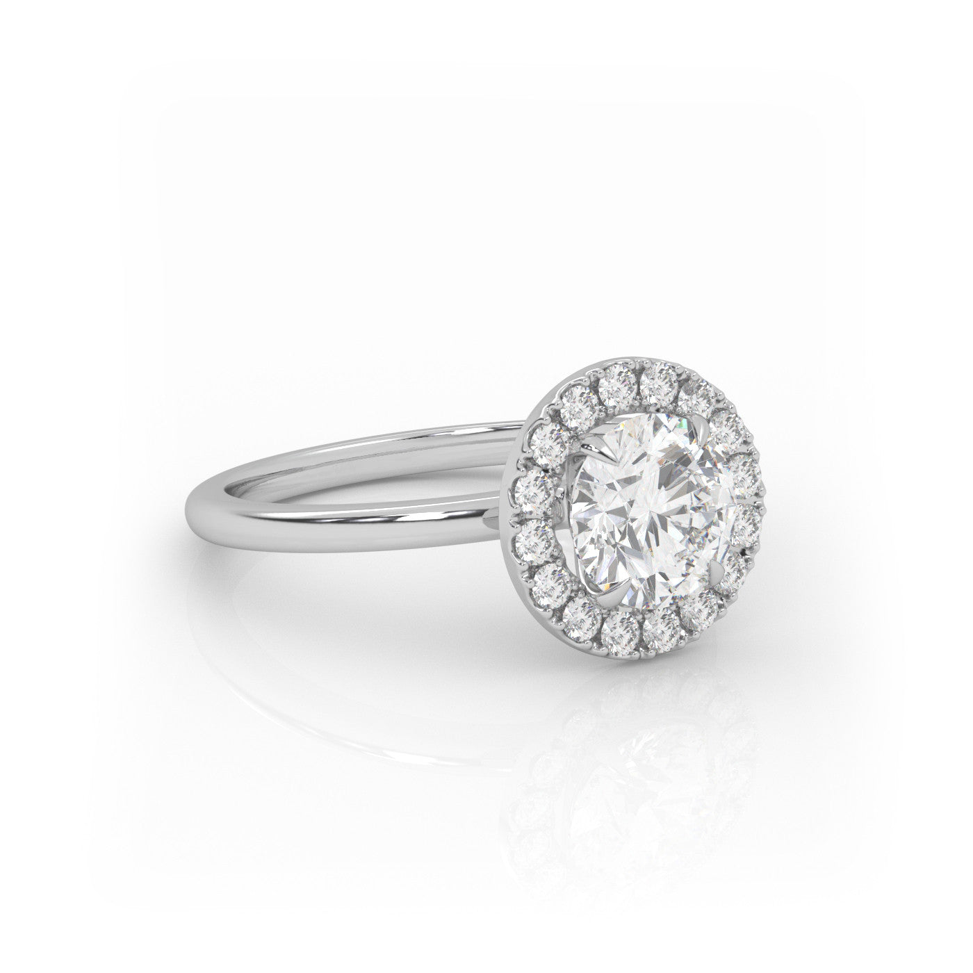 angled view of Round Halo Radiance in 18K White Gold