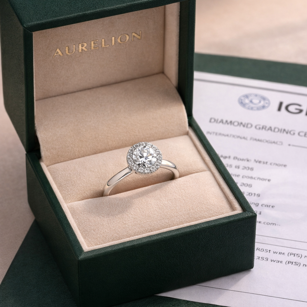 Round Halo Radiance presented in Aurelion Diamonds ring box in 18K Yellow Gold