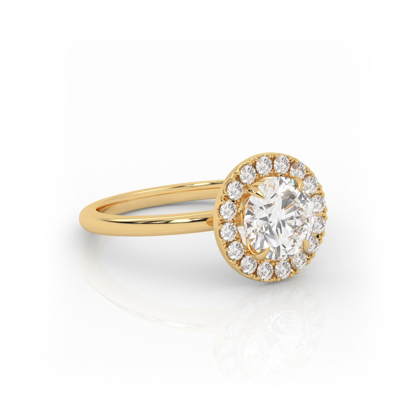 angled view of Round Halo Radiance in 18K Rose Gold