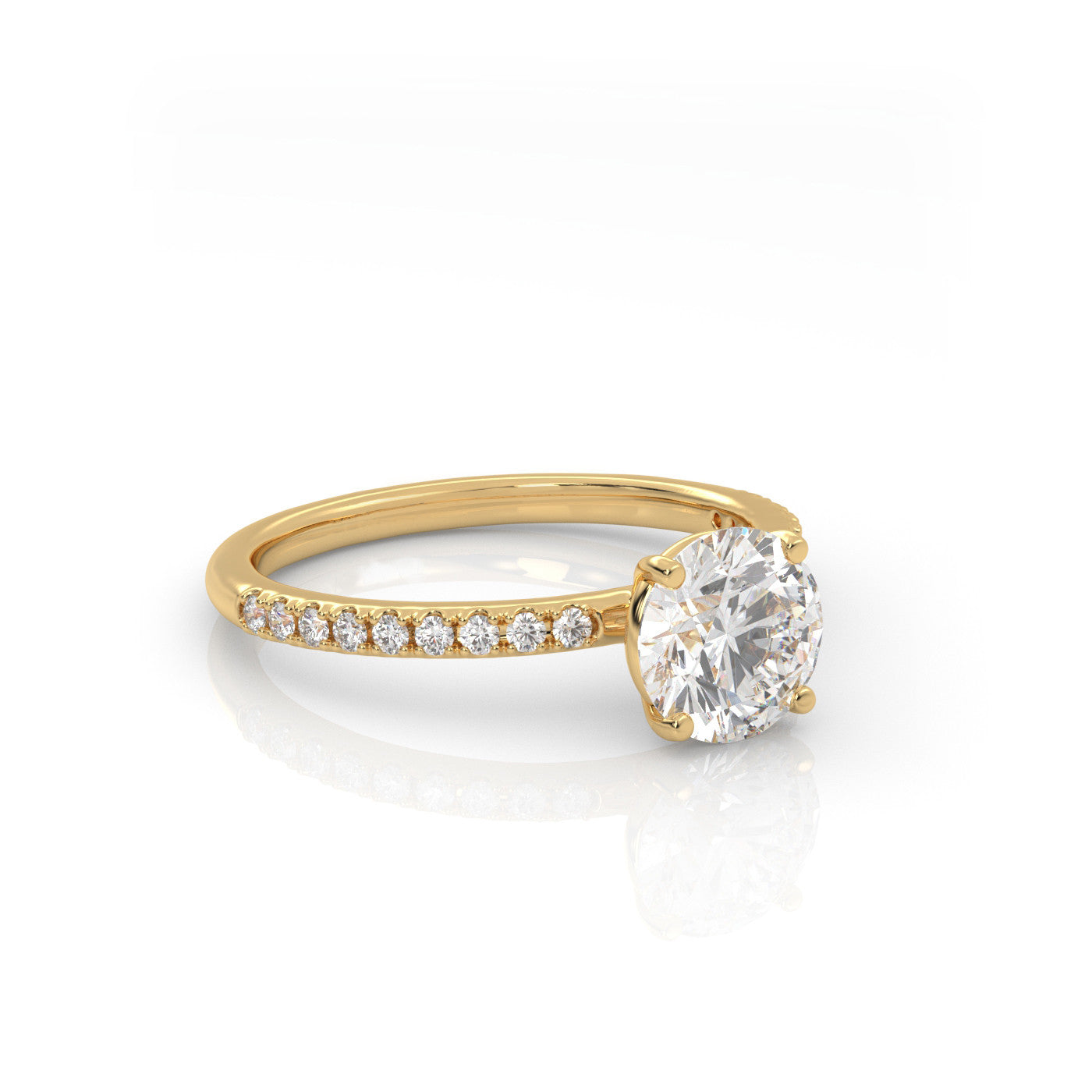 angled view of Round Pavé Solitaire Diamond Engagement Ring in 18K Yellow Gold
