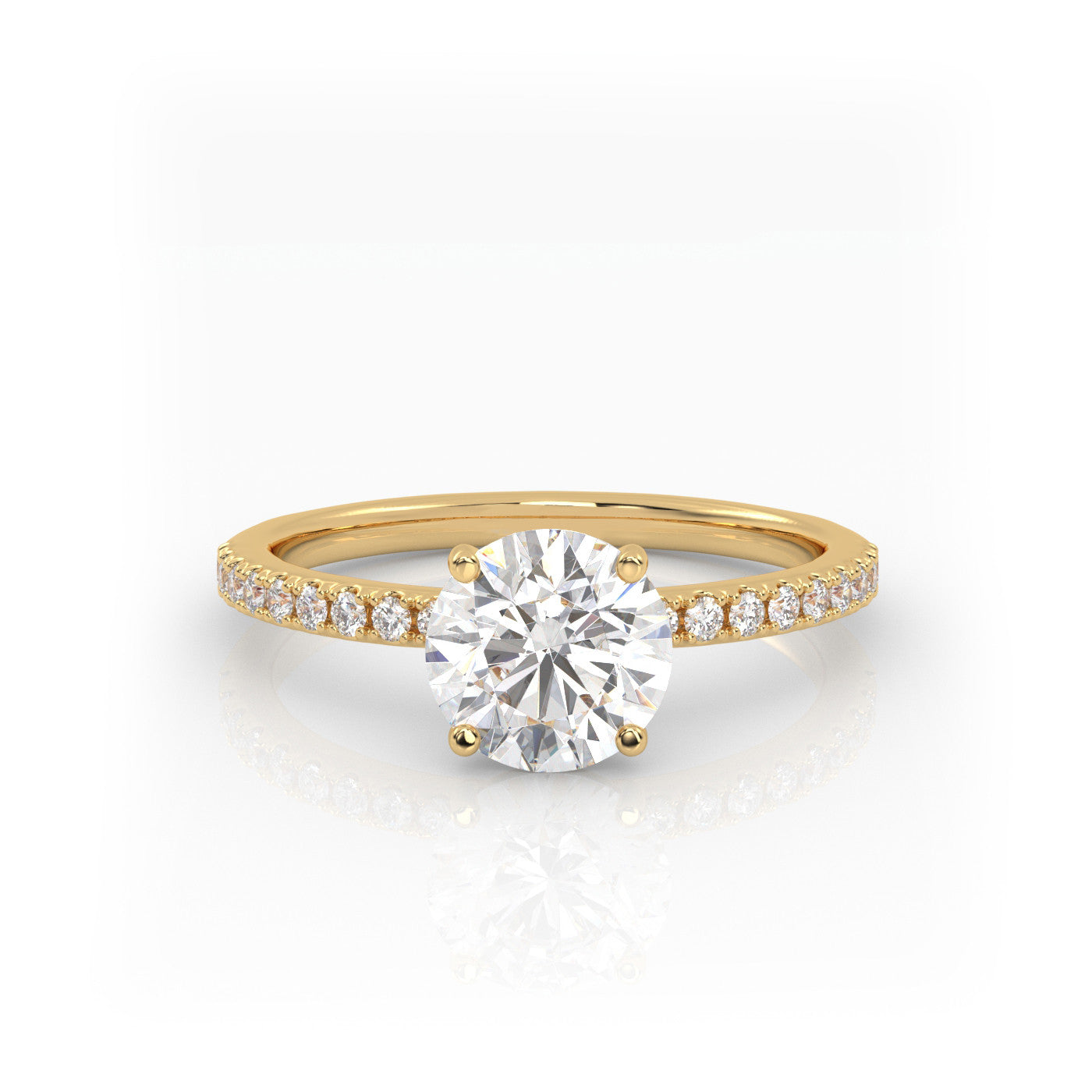 straight front view of Round Pavé Solitaire Diamond Engagement Ring in 18K Yellow Gold