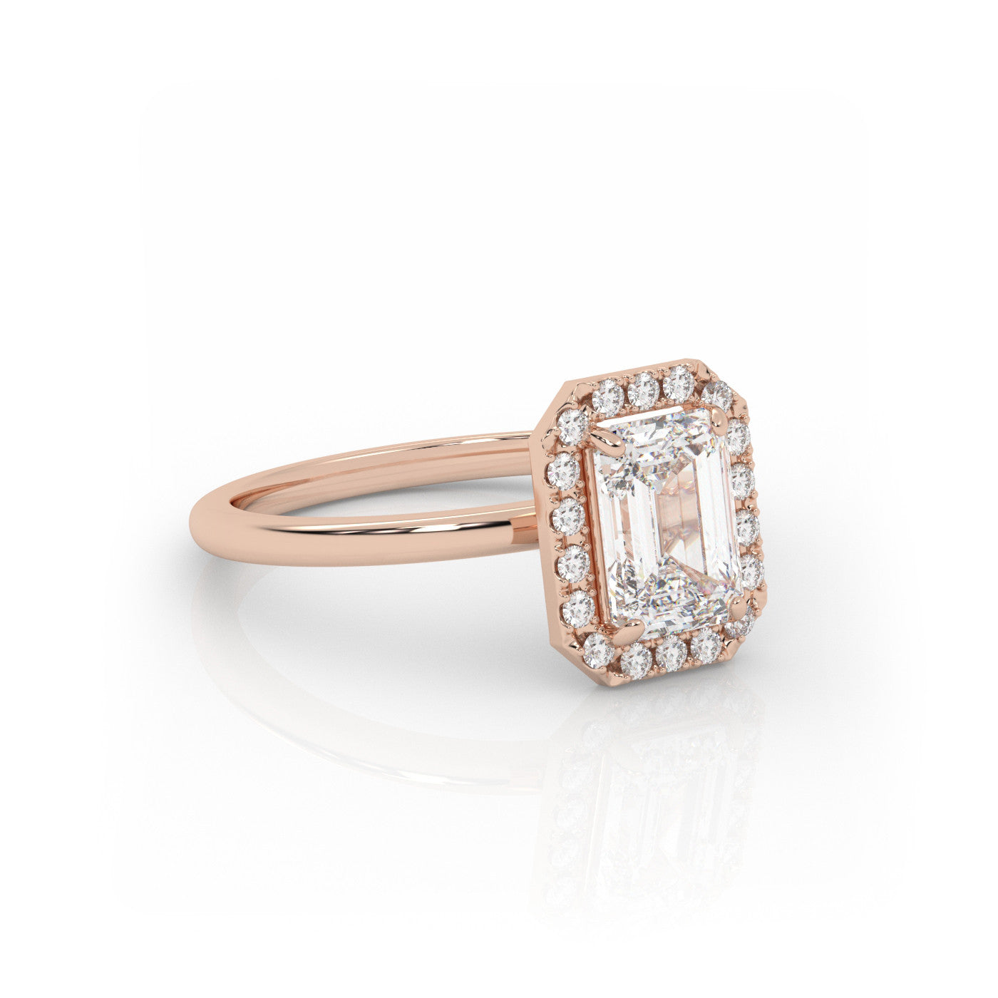 angled view of Emerald Halo Radiance in 18K Rose Gold