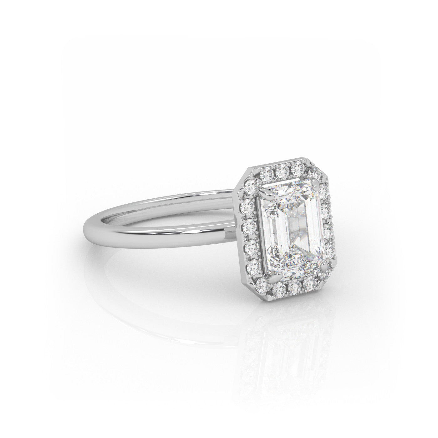 angled view of Emerald Halo Radiance in 18K White Gold