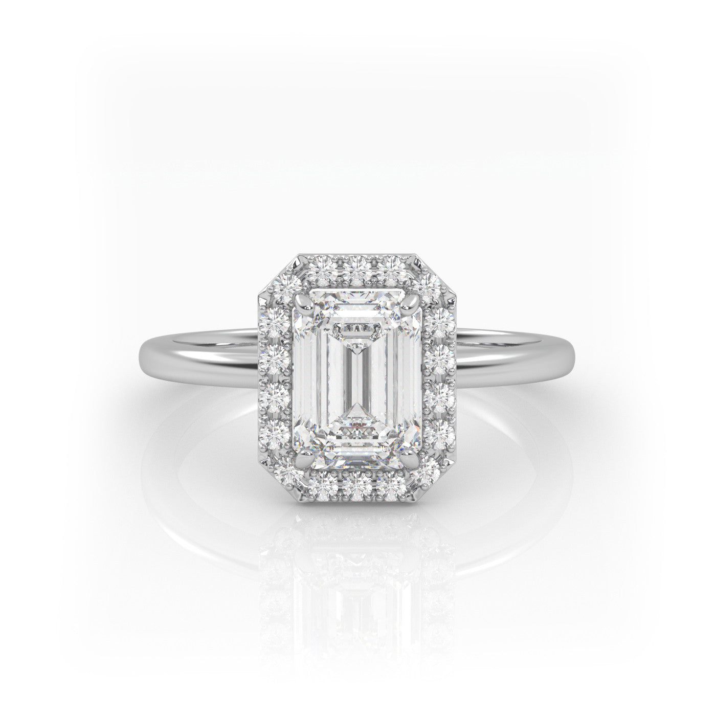 straight front view of Emerald Halo Radiance in 18K White Gold