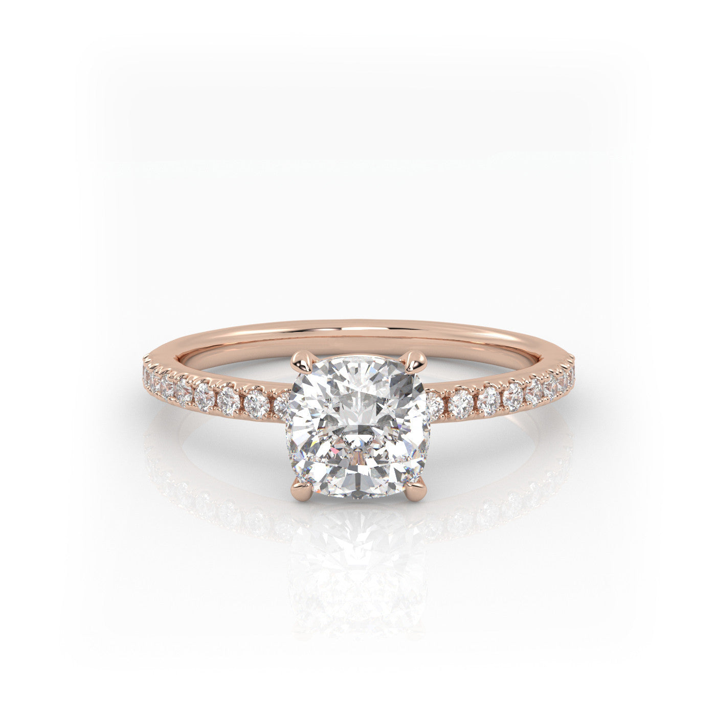 straight front view of Cushion Pavé Solitaire Diamond Engagement Ring in 18K Rose Gold