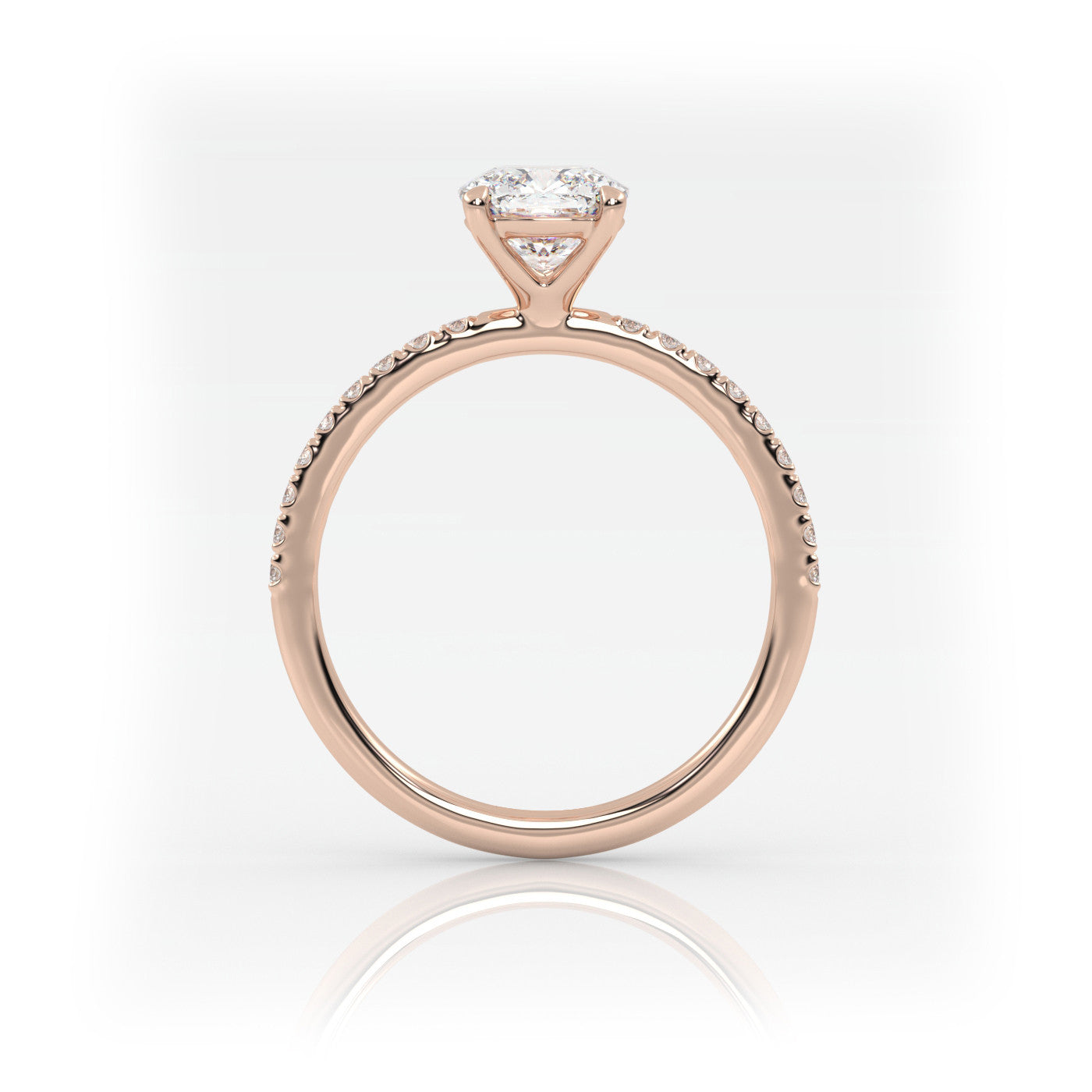 side profile of Cushion Pavé Solitaire Diamond Engagement Ring in 18K Rose Gold