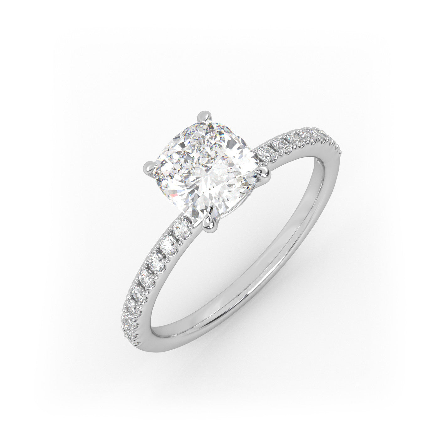 front view of Cushion Pavé Solitaire Diamond Engagement Ring in 18K White Gold