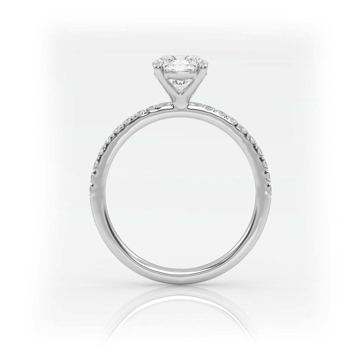 side profile of Cushion Pavé Solitaire Diamond Engagement Ring in 18K White Gold