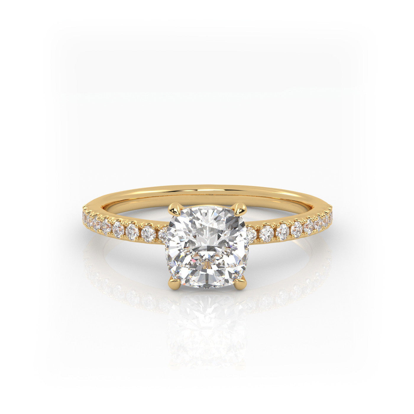straight front view of Cushion Pavé Solitaire Diamond Engagement Ring in 18K Yellow Gold
