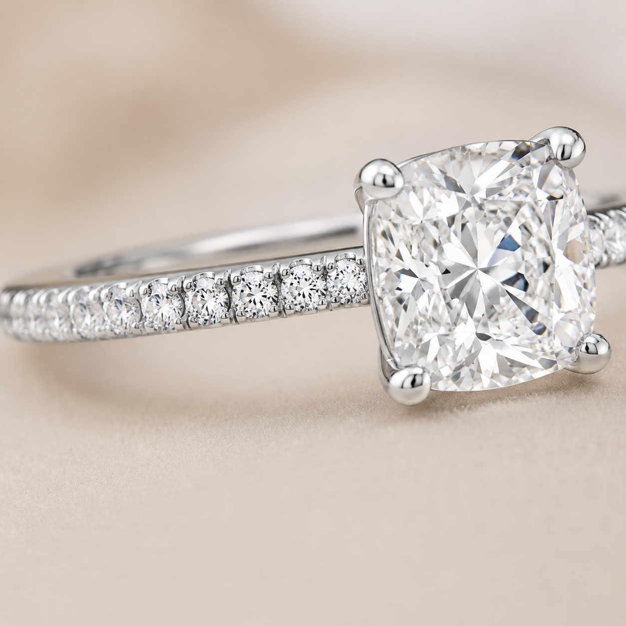 Close-up of Cushion Pavé Solitaire Diamond Engagement Ring