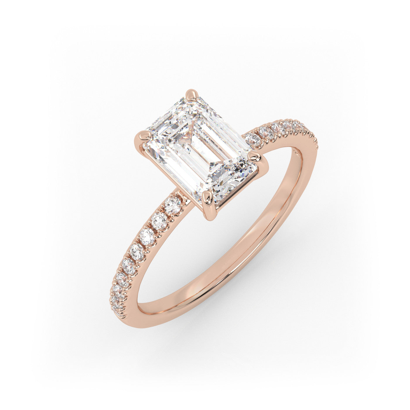 front view of Emerald Pavé Solitaire Diamond Engagement Ring in 18K Rose Gold