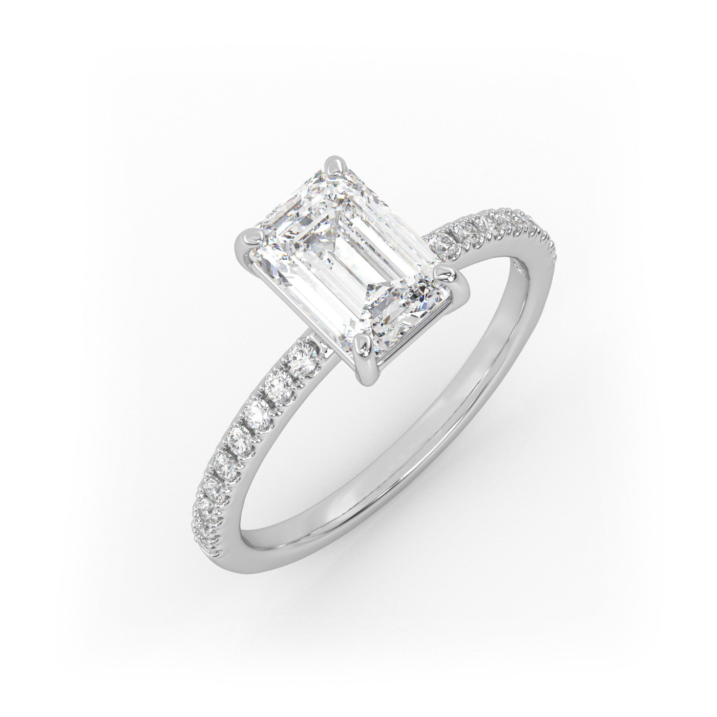 front view of Emerald Pavé Solitaire Diamond Engagement Ring in 18K White Gold