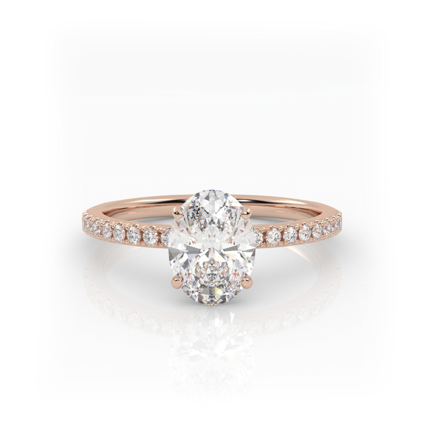 straight front view of Oval Pavé Solitaire Diamond Engagement Ring in 18K Rose Gold