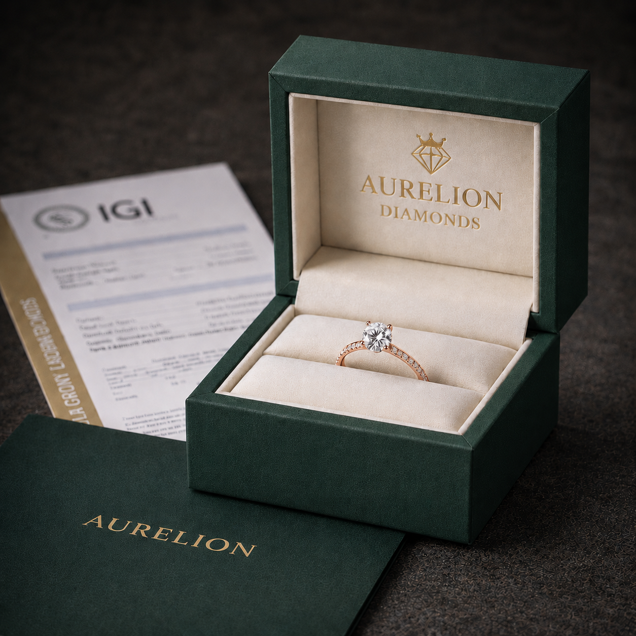Round Pavé Solitaire Diamond Engagement Ring presented in Aurelion Diamonds ring box in 18K Rose Gold