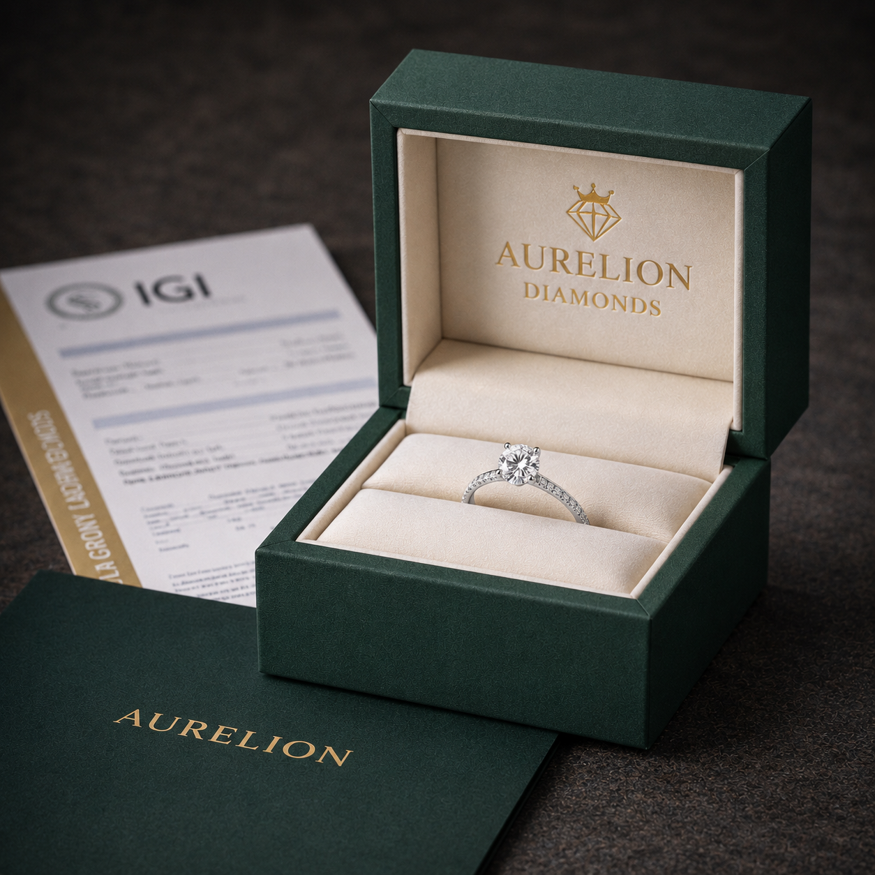 Round Pavé Solitaire Diamond Engagement Ring presented in Aurelion Diamonds ring box in 18K White Gold