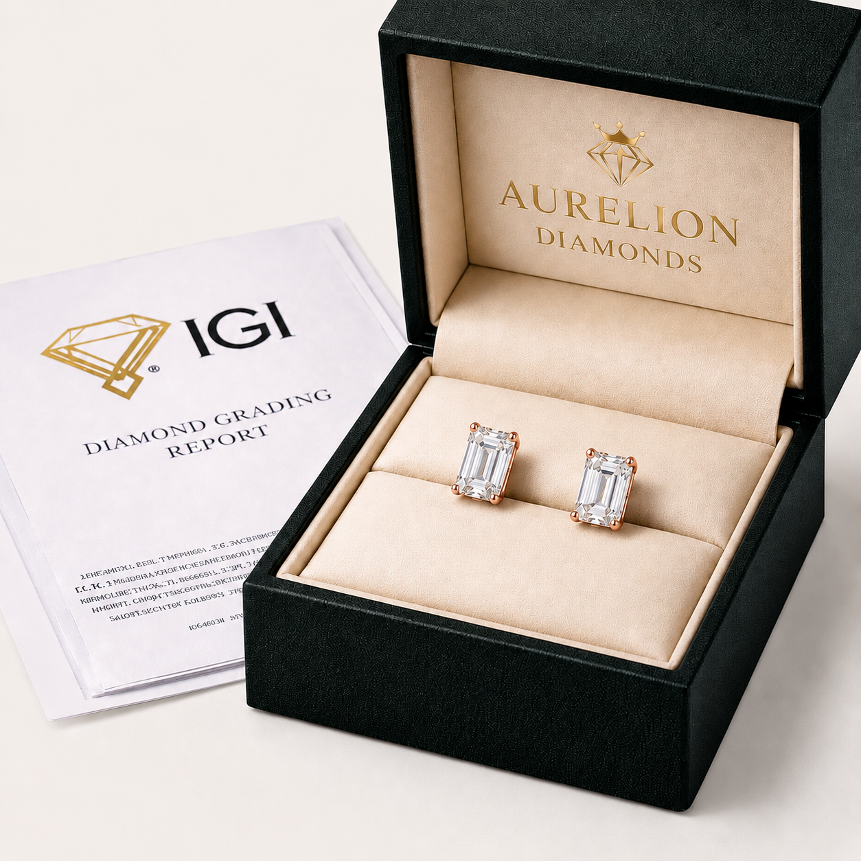 Emerald Cut Diamond Stud Earrings presented in Aurelion Diamonds jewelry box in 18K Rose Gold