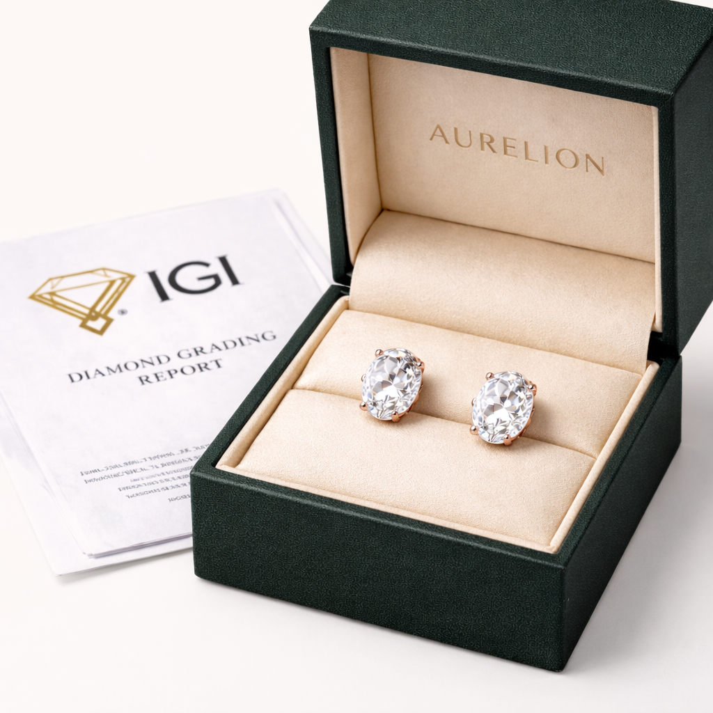 Oval Cut Diamond Stud Earrings presented in Aurelion Diamonds jewelry box in 18K Rose Gold