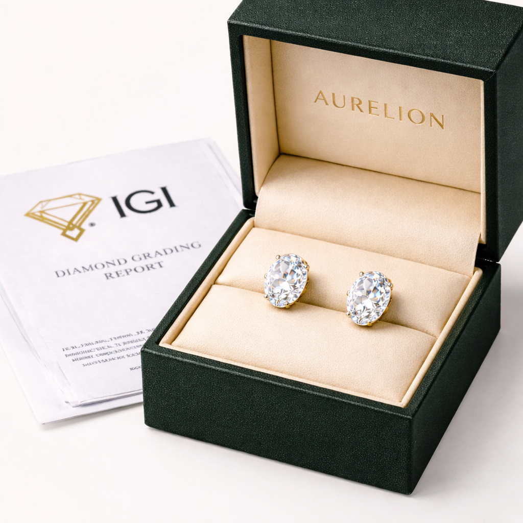 Oval Cut Diamond Stud Earrings presented in Aurelion Diamonds jewelry box in 18K Yellow Gold