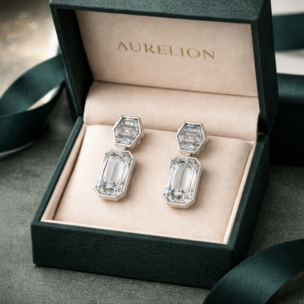 Emerald Drop Diamond Earrings presented in Aurelion Diamonds jewelry box in 18K Rose Gold